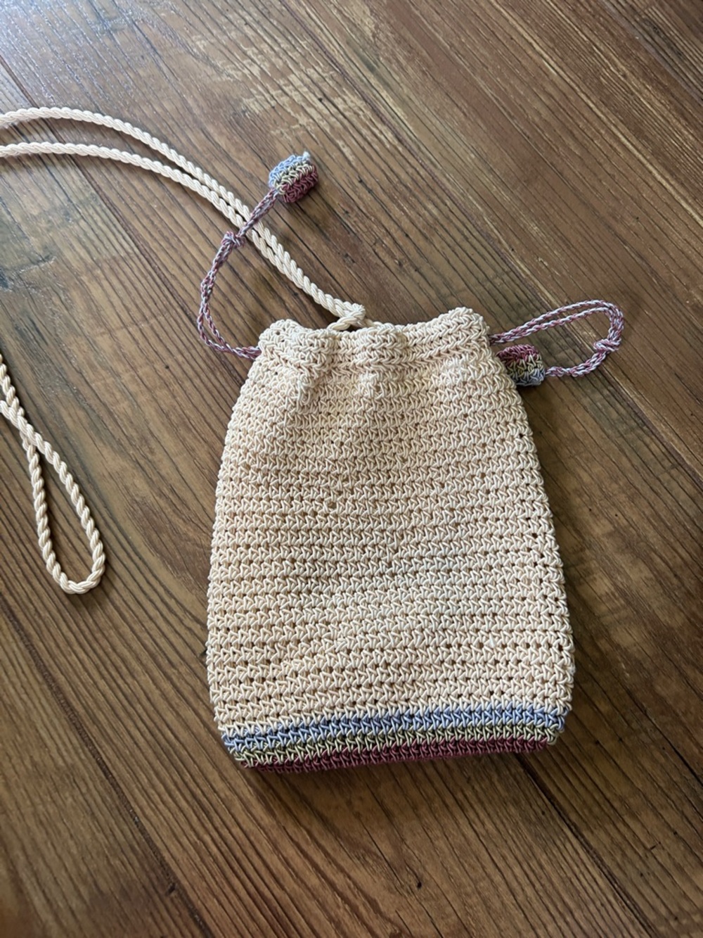Handmade Cream Crochet Floral Drawstring Crossbody Bag by - Picture 3 of 5